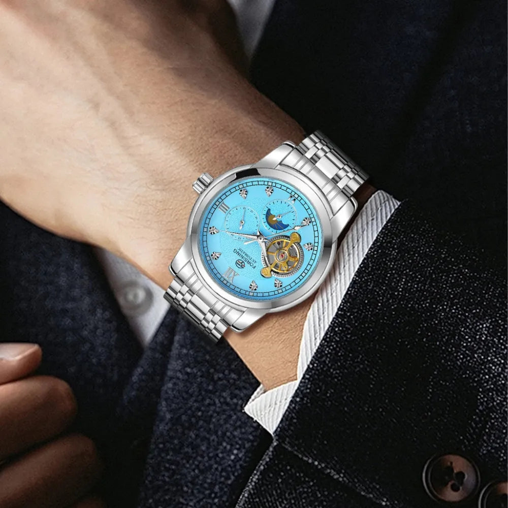 RELOGIO MASCULINO TOURBILLON PRATA E AZUL LOJA VINTAGEBULL