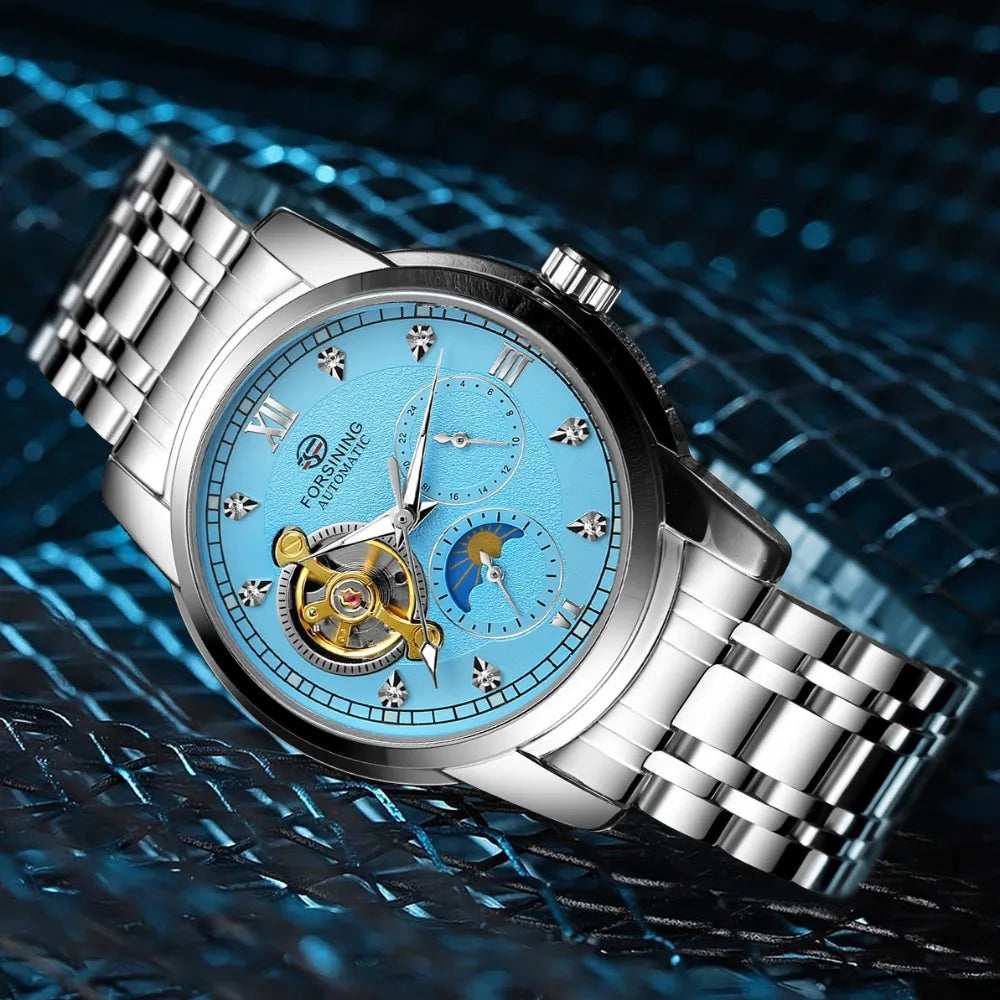 RELOGIO MASCULINO TOURBILLON PRATA E AZUL LOJA VINTAGEBULL