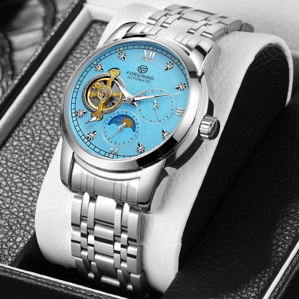 RELOGIO MASCULINO TOURBILLON PRATA E AZUL LOJA VINTAGEBULL